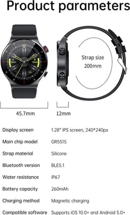 Knobbout 1,28" IPS inch Touchscreen smartwatch- Met de roterende knop wissel je snel tussen schermen- Persoonlijk Wijzerplaatontwerp - Bluetooth bellen en contacten synchronisatie - zwart staal+siliconen horlogeband — thumbnail 2