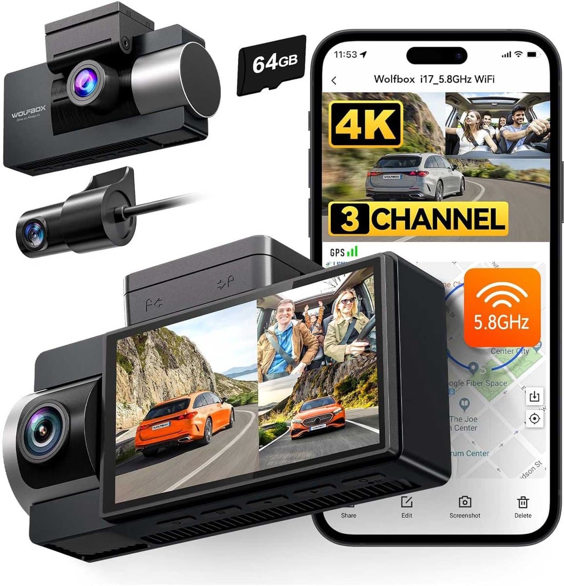 Wolfbox i17 3CH 4K Wifi Gps 64gb dashcam - Camera voor + achter + interieur - Wifi en Gps - Parkeermodus - 3,0 inch Lcd - 4K resolutie - 64gb Micro SD kaart - dashcam voor auto — afbeelding 1