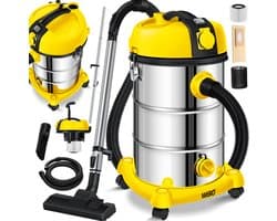 MASKO® industriële stofzuiger nat-droog roestvrij staal 2300W + stopcontact | blaasfunctie | droog en nat zuigen | Push&Clean | industriële stofzuiger met en zonder zak | zakloos - Geel