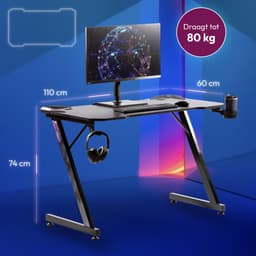 Gadgy Game Bureau Carbon - Gaming Bureau 110 CM Breed - Gaming Desk met Carbon Details - Gaming Tafel met Koptelefoonhouder, bekerhouder & kabeltunnel - Level Up Gamen met Gadgy - Zwart Carbon — thumbnail 2