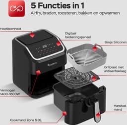 Turbotronic Airfryer XL AirChef - 5L - 1600W - Heteluchtfriteuse - Dual Heating - 50ºC tot 200ºC - 10 Kookprogramma's - Zwart — thumbnail 8