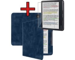 Hoes Geschikt voor Kobo Libra Colour - E-reader Hoesje Leer Luxe Bescherm Case Met Screenprotector - Hoes Geschikt voor Kobo Libra Colour Leren Hoes Book Cover - Donkerblauw