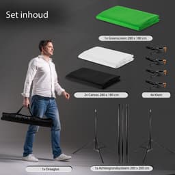 Pixetool Green Screen Doek 2,8 m x 1,8M met Achtergrondsysteem 2 x 2M - Fotostudio - Green Screen Studio - Greenscreens Doeken - Inclusief Zwart en Wit Achtergronddoek - Inclusief 4 klemmen — thumbnail 4
