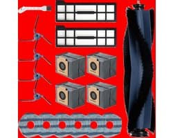 Set van 18 accessoires geschikt voor de Eufy X10 Pro Omni robotstofzuiger: inclusief 1 rolborstel, 2 filters, 6 dweilpads, 4 zijborstels, 4 stofzakken en 1 reinigingsborstel voor optimale reinigingsprestaties.