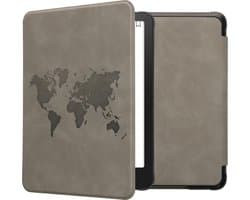 kwmobile e-reader hoesje geschikt voor Amazon Kindle Paperwhite (2024)/Colorsoft hoes - Ereader flip case met standaard - Kunstleren e reader cover - Wereldkaart design in grijs