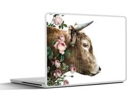 Laptop sticker - 15.6 inch - Schotse hooglander - Bloemen - Roze - Wit - 36x27,5cm - Laptopstickers - Laptop skin - Cover