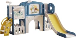 Glijbaan voor peuters van 1-3 jaar, klimladder, basketbalhoepel, tekentafel, opbergmand, HDPE-materiaal, educatief activiteitencentrum, speeltuinset voor kinderen (BLAUW GEEL) — thumbnail 1