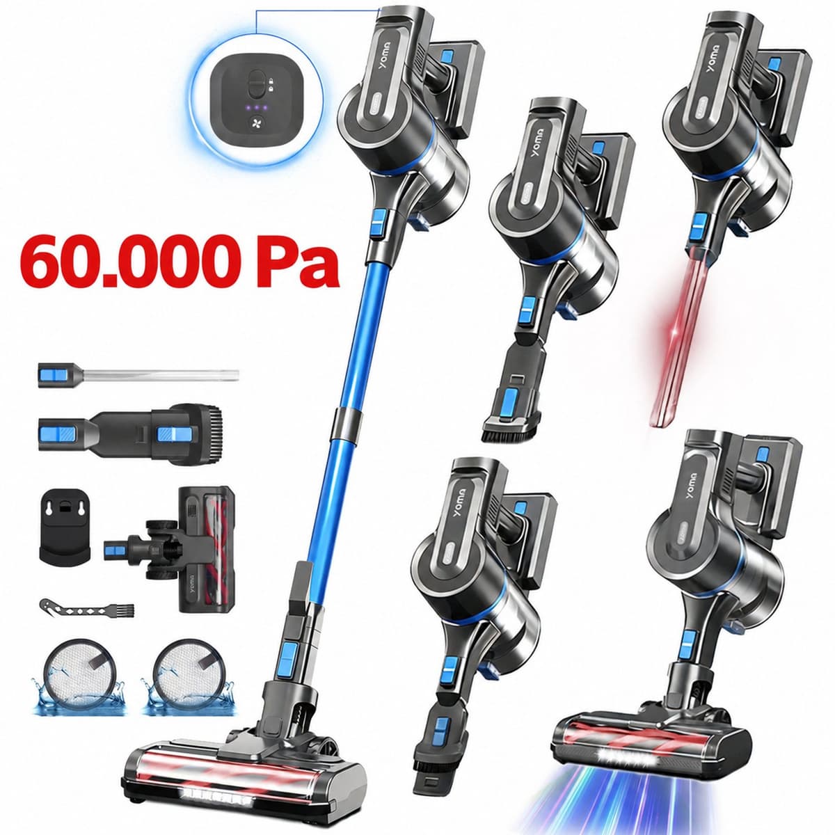 Grenintol 6-in-1 Steelstofzuiger Draadloos – Steelstofzuiger – 60.000 Pa – 2500 mAh Accu – Draadloze Stofzuiger - Accu tot 60 Minuten – Stofzuiger zonder Zak 1,2 L Stofbak – Stofzuiger Draadloos met LED Licht – Voor Tapijten en Harde Vloer – Rood — afbeelding 1