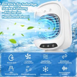 Mobiele Airco - Aircooler - Mobiele Airco Zonder Afvoer - Mini Ventilator - Energiezuinige Koeler met Drie Snelheden - 2 luchtbevochtingsstanden - Ventilator Oplaadbaar USB - Draagbare Mobiele Airco Cooler voor Slaapkamer, Keuken en Badkamer — thumbnail 3