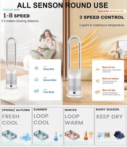 Staande Ventilator - Torenmodel - Verkoeling en Warmte - Bladloos Ontwerp - 90 Graden Oscillatie - Wit Zilver — thumbnail 4