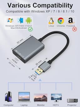 USB naar HDMI adapter - Video converter kabel - Extra scherm aansluiten - Full HD 1080P - 19 cm - Zwart — thumbnail 5
