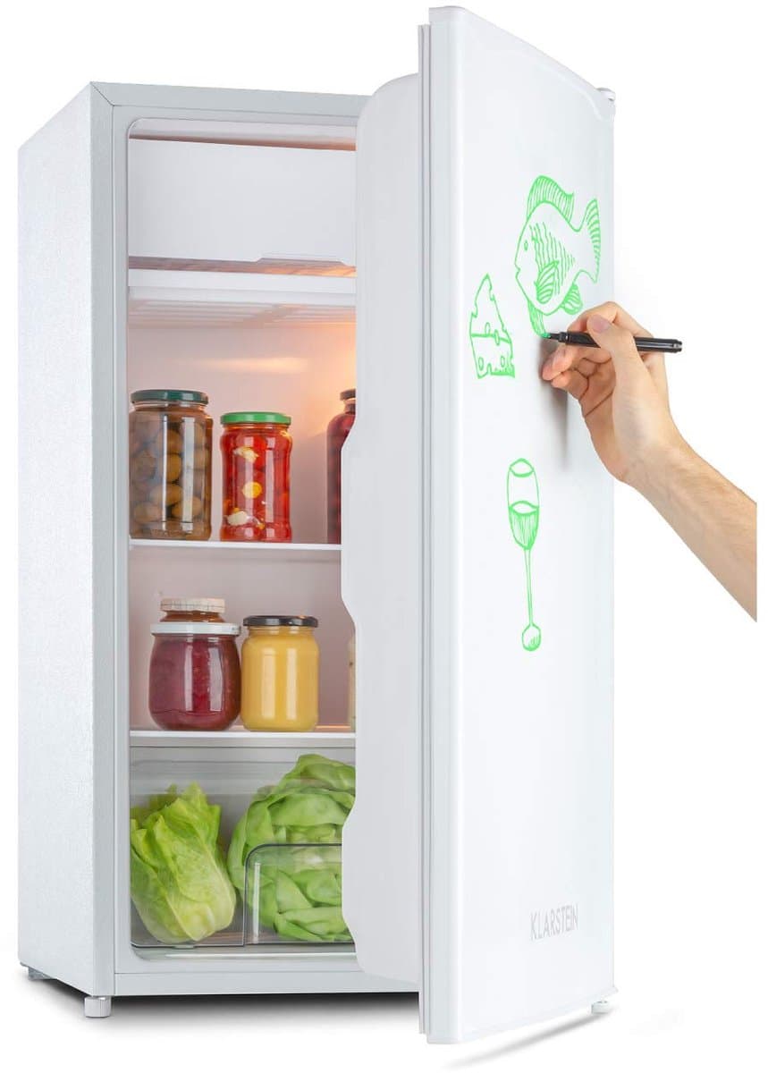 SnelShoppen - Energiezuinige Koelkast met Vriesvak, 90 Liter, ZestfulART-Design met Beschrijfbare Deur, Wit, Ideaal voor Keuken, Camping en Feesten — afbeelding 1