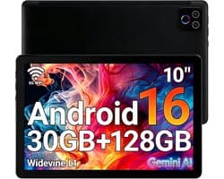 Android 16 Tablet- 10.1 inch Tablets- 30GB RAM(6G+24GB) - 128GB - Gemini AI- WiFi6 - Zwart