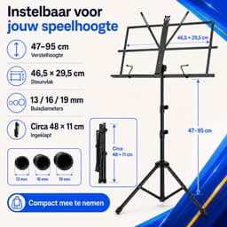 JustValue Opvouwbare Muziekstandaard - Verstelbaar 47-95 cm - Met Draagtas - Zwart — thumbnail 3