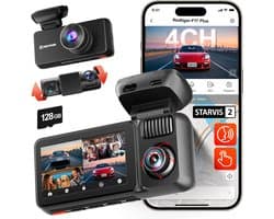 SnelShoppen - 4 Kanaals Dash Cam 2.7K+1080P*3, 360° Camera met IR Nachtzicht, 128GB Kaart, GPS, 5GHz WiFi, Touchscreen en Stembediening voor Auto