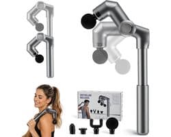 SnelShoppen - Massagepistool U-vormig met verlenggreep, 4 massage-opzetstukken, 6 snelheden, ideaal voor rug, nek, schouders, benen, grijs, ontspannin