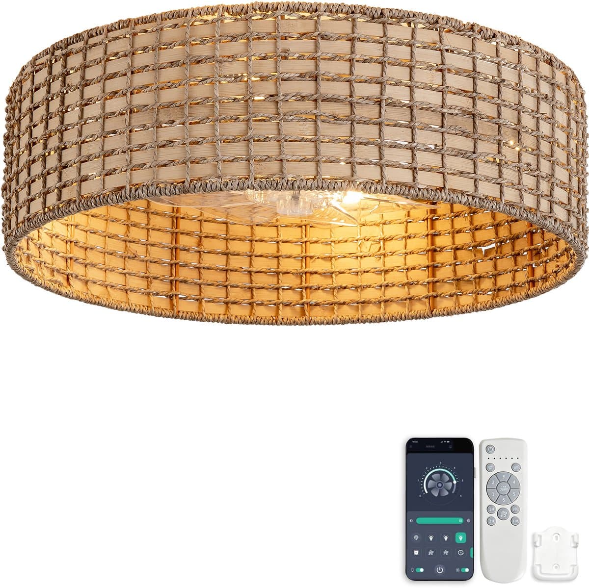 COVREO Plafondlamp met ventilator 50x50x20 cm koper - rotan en kunststof - app en afstandsbediening — afbeelding 1