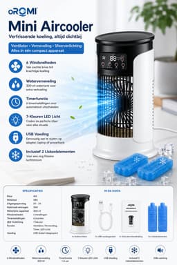 oROMI Mini Aircooler met Waterverneveling – 6 Snelheden – 300 ml Watertank – 7 Kleuren LED – Timer – USB Tafelventilator met 2 Koelelementen — thumbnail 3