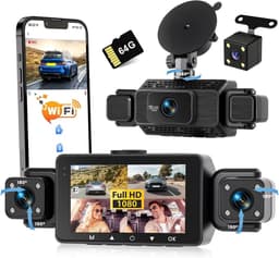 Dashcam voor auto - Zwart - 4 kanalen - 1080P met Wifi en 64 GB SD-kaart - Voor alle voertuigen — thumbnail 1