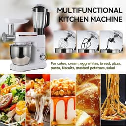 Keukenmixer Blender Vleesmolen - Keukenmachine Deegmixer - Bakken Koken - 3-in-1 Multifunctioneel - 6 Liter Kom - Zilver — thumbnail 2