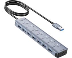 7-poorts USB Hub - USB Extender Poorten - Apparatuur Uitbreiden - Onafhankelijke Schakelaars - 15.29 cm - Grijs