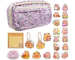 Multi-laags etui met compartimenten, ideaal voor schoolbenodigdheden en kantoorartikelen, inclusief broche stickers en notities