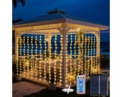 Op zonne-energie werkende buitenverlichting in de vorm van een gordijn, 3mx3m, 300 LED-lichtsnoeren, 8 standen, waterdichte watervalverlichting op zonne-energie met afstandsbediening en timer voor tuinpaviljoen, balkon, bruiloftsdecoratie (warm wit)