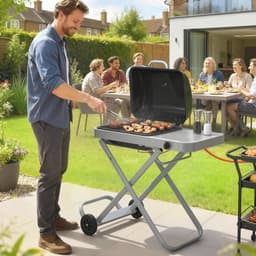 Draagbare Gasbarbecue - Gasbarbecue en grill - 1 Branders - 2,5 kW - Grillwagen - Barbecuewagen - met Grillrooster, Wielen, Inklapbaar Onderstel, Bijzettafels, Thermometer & Deksel - 109 x 55 x 89 cm - Zwart + Zilver — thumbnail 5