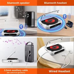 CD Speler - Draagbare Bluetooth-cd-speler met USB-C-snelladen - Ultradun en compact - Ondersteunt CD/CD-R/CD-RW/MP3/WMA-formaten - Geschikt voor zowel reizen als thuisgebruik - 3.5 MM AuxIngebouwde speaker - Met oortjes en datakabel - 2000mah — thumbnail 5