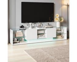 Tv-kast met Led - Lowboard televisietafel - Woonkamer Opbergen - Zwevende Constructie - 200x35x45 cm - Wit