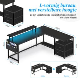 Gaming Bureau met LED Verlichting - 120x120x75cm - L-Vormig Game Bureau met Stopcontact - 2 Non Woven Lade - Gaming Desk - Computer Tafel - Gaming Tafel - Bureau voor Gamen, Studeren en Werken - Zwart — thumbnail 2