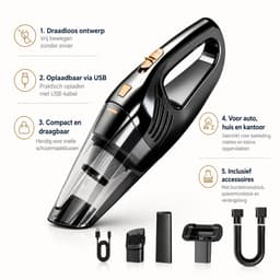 KARZO Draadloze Handstofzuiger – Oplaadbare Auto Stofzuiger – 4 kPa Zuigkracht – 0,3L Stofopvang – USB Oplaadbaar – Met Accessoireset – Zwart — thumbnail 4