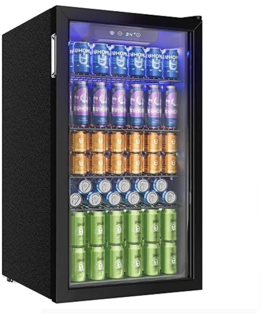 Linkforu - Drankenkoelkast - Mini Koelkast - 126 Blikjes - Geruisloos dus ook Ideaal voor in de Camper of Caravan - Zwart RVS –Design en Led Verlichting - 49×44,5×78 cm — afbeelding 1