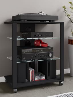 VCM hifi-kasten, platenspelerkast, stereokast, hifi-rekken, routerstandaard, hifi-rekken en -standaards, witte platenspelerstandaard, draaitafelstandaard met opbergruimte voor vinylplaten, platenspelermeubel, glazen tv-meubel, mediameubel — thumbnail 5