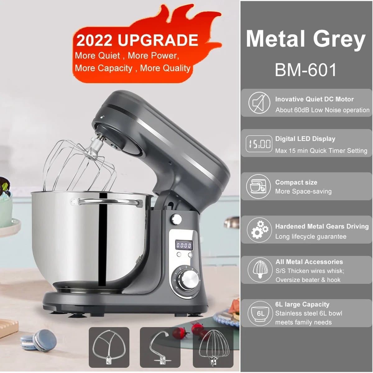 Biolomix Keukenmachine - Keukenmixer - Foodprocessor - Mixer - Blender - Stille motor - Keukenmachines - Mixer met mengkom - Mixers - 6L kom - 1200W - Grijs — afbeelding 1