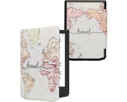 kwmobile e-reader hoesje geschikt voor Pocketbook Verse / Verse Lite / Verse Pro / Color / Vivlio Light/Light HD hoes - E reader flip case met magnetische sluiting - Ereader cover - Travel Wereldkaart design in zwart / meerkleurig
