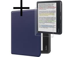 Hoes Geschikt voor Kobo Libra Colour Hoesje Bookcase Cover Book Case Hoes Sleepcover Met Screenprotector - Donkerblauw
