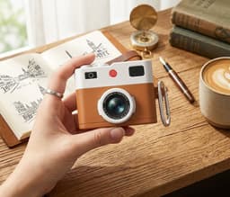Bruin wit hoesje voor oordopjes unisex in retro camera vorm met karabijnhaak geschikt voor AirPods Pro 3 met leerlook structuur en reliëf details — thumbnail 5