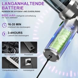Sander Shop 4-in-1 Draadloze Handstofzuiger, Mini Auto Stofzuiger Stofblazer, 16.000 Pa Krachtige Krachtige Zuigkracht borstelloze motor, 6000mAh batterij, 1-touch leegmaken, voor auto/thuis Zwart, EVA-tas — thumbnail 3
