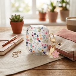 Transparant bloemen patroon hoesje voor oordopjes geschikt voor AirPods 4 – afgeronde hoeken, doorzichtig beschermhoesje met kleine bloemprint, metalen karabijnhaak en decoratieve bloem hanger — thumbnail 3