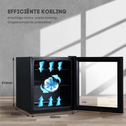 Aurixi® Professionele Horica Minibar Koeling – Wijnkoelkast 48L – Flessenkoelkast met Glazen Deur – Mini Koelkast met Glazen Deur – Kleine Drankenkoelkast – 2 Opslagniveaus – Minibar - Zwart - 48cm x 43cm x 51cm — thumbnail 4