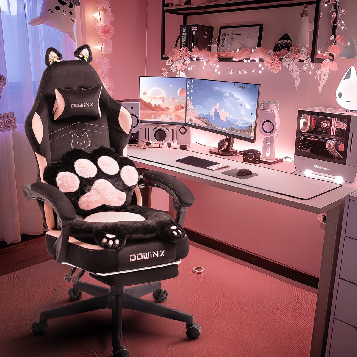Dowinx Gaming Stoel Roze/Zwart – Ergonomisch met Voetensteun – Kattenpoot Design – Stoffen Gamer/PC Stoel – Verstelbare Rugleuning – Voor Volwassenen — afbeelding 1