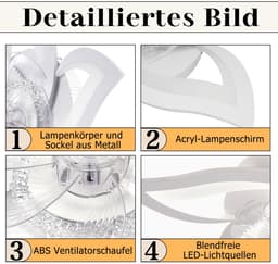 Glitzerlife - Plafond ventilator met verlichting - Dimbare LED ventilator lamp plafond - Stille plafondventilator - 3 kleurtemperaturen - 6 windsnelheden - Timer & nachtmodus - Ø62cm - Wit - Plafondlampen met ventilator woonkamer slaapkamer — thumbnail 4