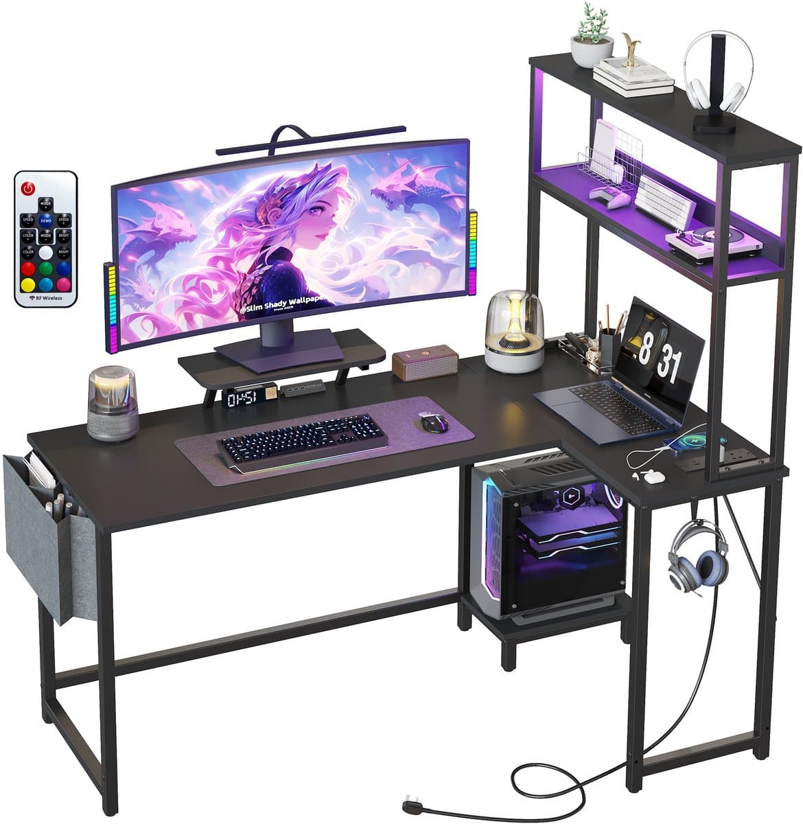 Hoekbureau gaming in L‑vorm met LED, stopcontact & USB 124x92x152 cm - Gaming Desk - Computer Tafel - Gaming Tafel - met zijtas & monitorstandaard - Zwart — afbeelding 1