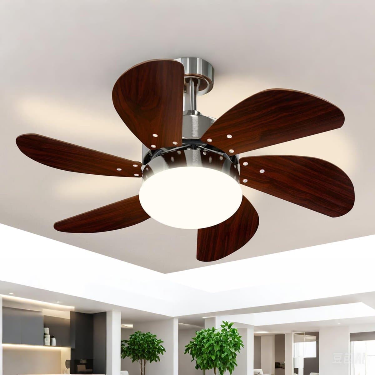 Glitzerlife - Plafond ventilator met verlichting - Ventilator lamp plafond - stille plafondventilator - stille motor met afstandsbediening -E27 ijzer en acryl - Ø75cm - notenhout — afbeelding 1