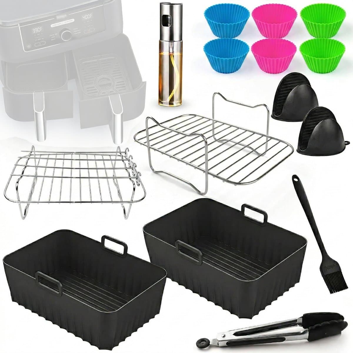 Somstyle Accessoires Set Geschikt voor Ninja Foodi AF140EU, AF300EU, AF400EU, AF500EU & SL400EU Dubbele Airfryer - 19-Delig - Heteluchtfriteuse Mandje - Zwart — afbeelding 1
