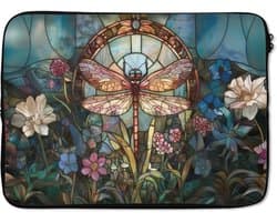 Laptophoes 14 inch - Libelle - Mozaïek - Bloemen - Kleurrijk - Laptop sleeve - Binnenmaat 33x23 cm - Zwarte achterkant