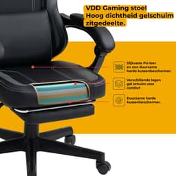 VDD Gaming - Gamestoel met massagefunctie en voetsteun - Gaming chair in de kleur Zwart/Grijs - Game stoel met nekkussen & verstelbaar rugkussen - Ergonomische bureaustoel met padded armsteunen - Max draagvermogen 150 kg - Verstelbare ruggensteun — thumbnail 2