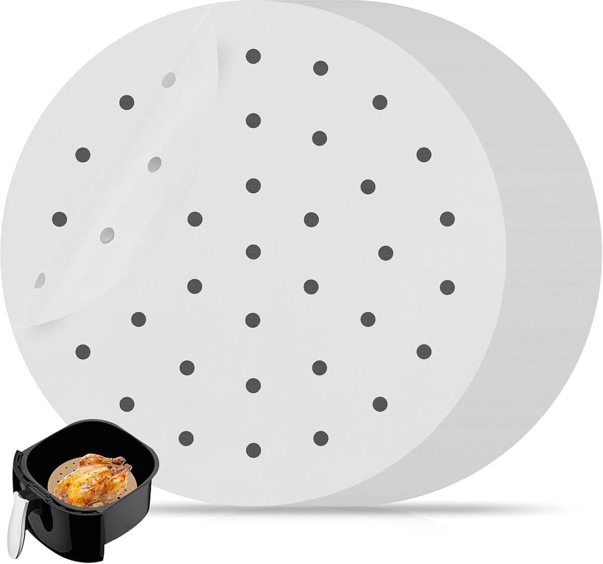 Parchment Paper Sheets voor Air Fryer - 100 Stuks - Perforated Air Fryer Liners - Steaming Parchment Liner - Non-Stick Parchment Paper voor Bakken - Cookies - Koken - Bamboo Steamer - 8 Inch — afbeelding 1