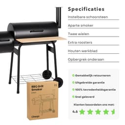 Cheqo® Rookoven met Barbecue - Rook Oven - BBQ Smoker Barbecue 2-in-1 - Verrijdbare BBQ - Houtskool & Rookoven - Met Wielen — thumbnail 4